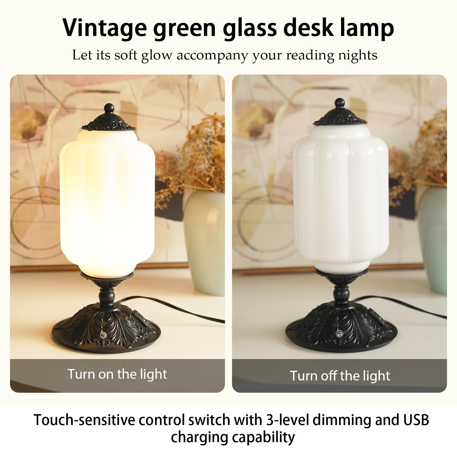 Vintage Milk Glass Touch Table Lamp, Elegant white Glass Bedside